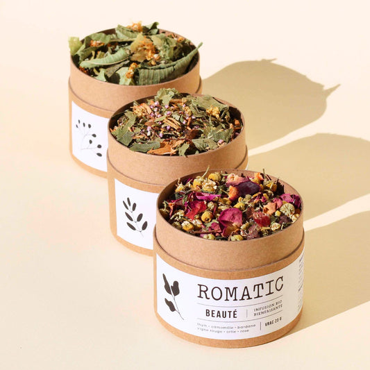 Coffret 3 infusions Beauté Holistique – photo boîtes ouvertes vues du dessus