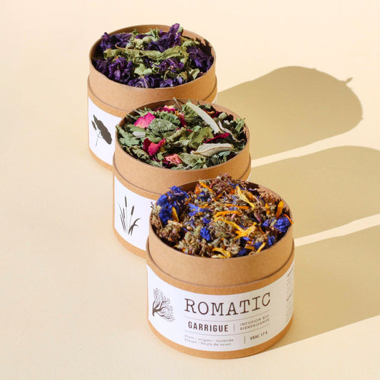 Coffret 3 infusions On Dirait le Sud – boîtes ouvertes vues d'en haut